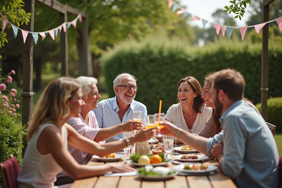Famille réunie dans un jardin pour fêter 40 ans de mariage
