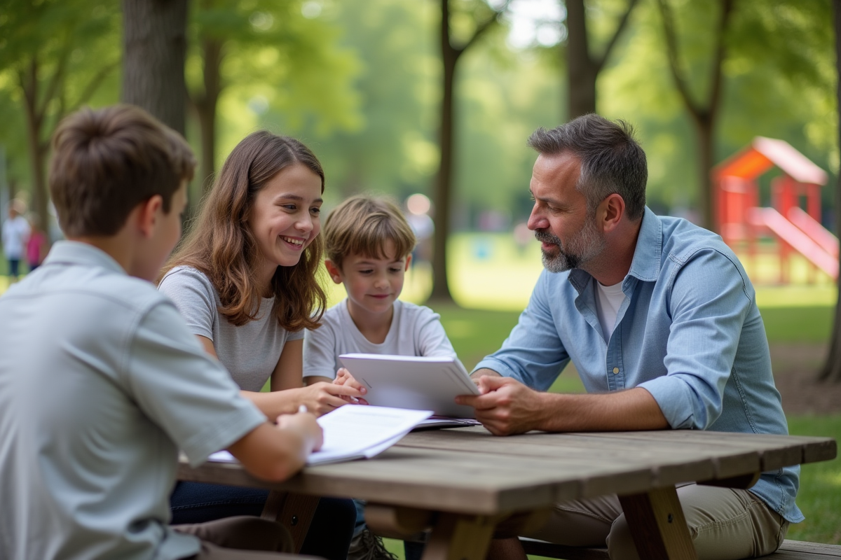Famille rencontrant un organisateur dans un parc communautaire