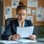 Femme d'affaires en revue un communiqué dans un bureau moderne