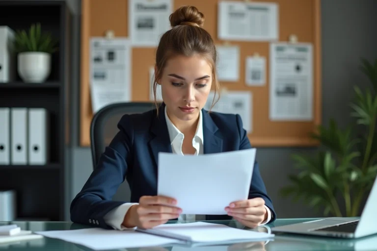 Femme d'affaires en revue un communiqué dans un bureau moderne