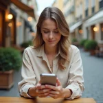 Jeune femme utilisant une application de traduction sur son smartphone dans un café en Europe