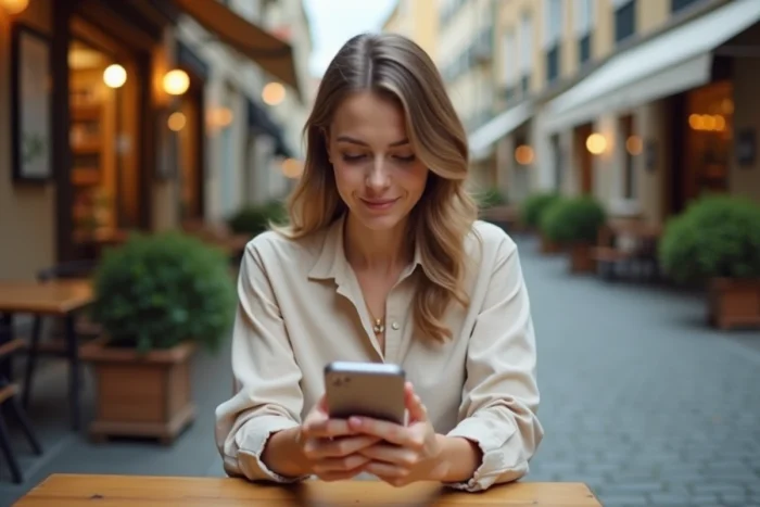 Jeune femme utilisant une application de traduction sur son smartphone dans un café en Europe