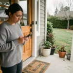 Femme inquiète vérifiant son téléphone devant sa porte en attendant une livraison GLS en retard