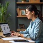 Jeune femme concentrée sur son ordinateur au bureau