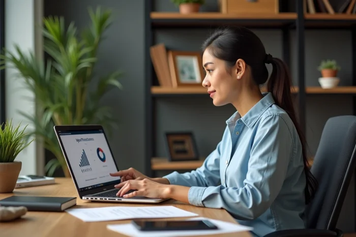 Jeune femme concentrée sur son ordinateur au bureau