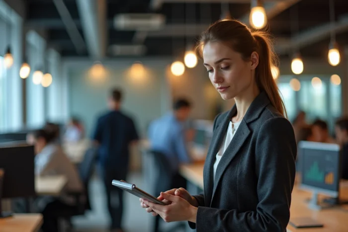 Femme cadre dans une startup fintech présentant la blockchain Robthecoins sur tablette numérique