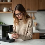 Femme préparant un café dans une cuisine moderne et chaleureuse