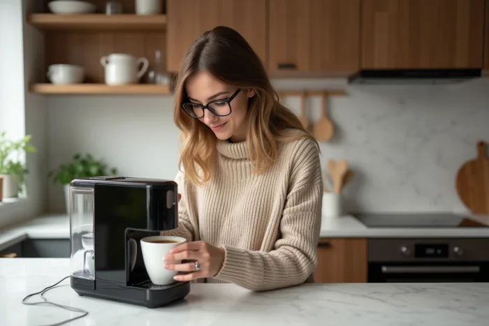 Femme préparant un café dans une cuisine moderne et chaleureuse