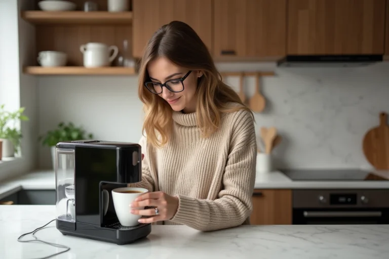 Femme préparant un café dans une cuisine moderne et chaleureuse