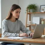 Femme entrepreneur travaillant sur son business en ligne depuis un bureau à domicile moderne avec un ordinateur portable et des notes manuscrites