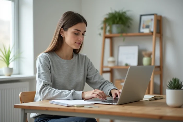 Femme entrepreneur travaillant sur son business en ligne depuis un bureau à domicile moderne avec un ordinateur portable et des notes manuscrites