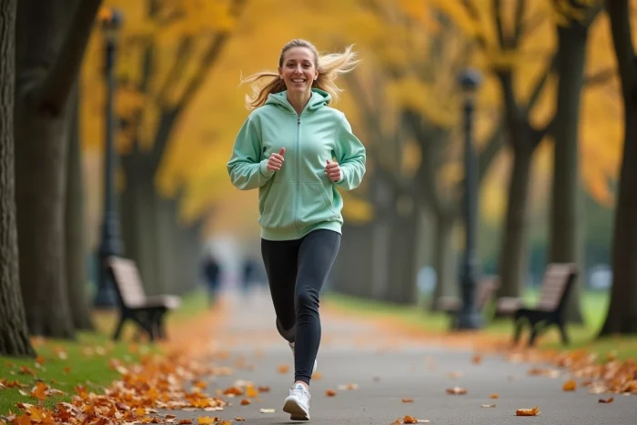 Femme faisant du jogging dans un parc en automne pour prendre soin de sa santé et de son bien-être