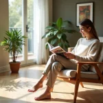 Femme détendue lisant un magazine dans un salon lumineux