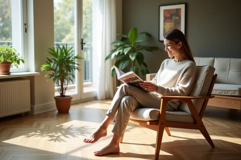 Femme détendue lisant un magazine dans un salon lumineux