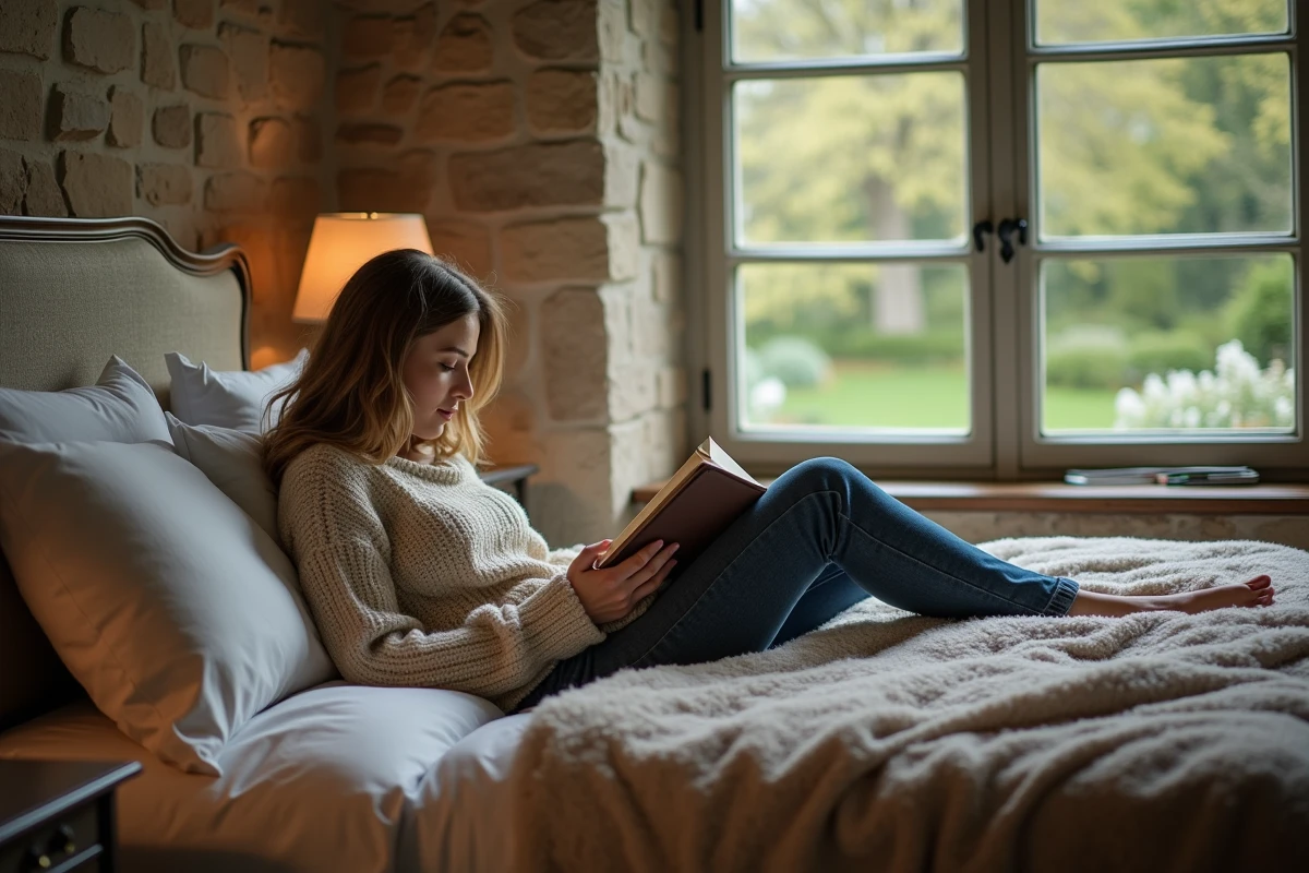 Femme lisant dans une chambre de château en pierre