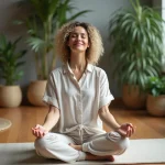 Femme méditant en intérieur avec ambiance naturelle