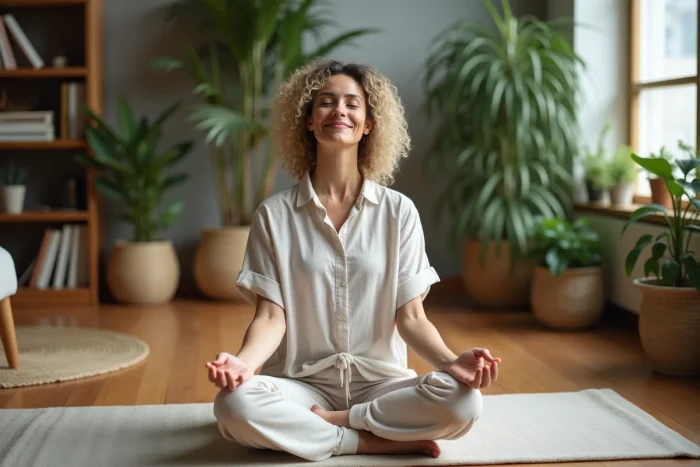 Femme méditant en intérieur avec ambiance naturelle