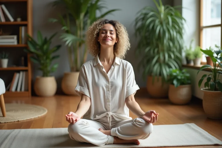 Femme méditant en intérieur avec ambiance naturelle