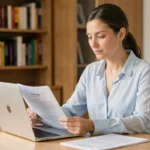 Femme consultant sa mutuelle santé 2026 sur un ordinateur portable à domicile, avec des documents d'assurance sur son bureau