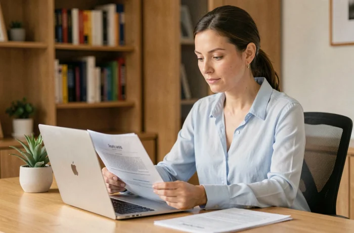 Femme consultant sa mutuelle santé 2026 sur un ordinateur portable à domicile, avec des documents d'assurance sur son bureau