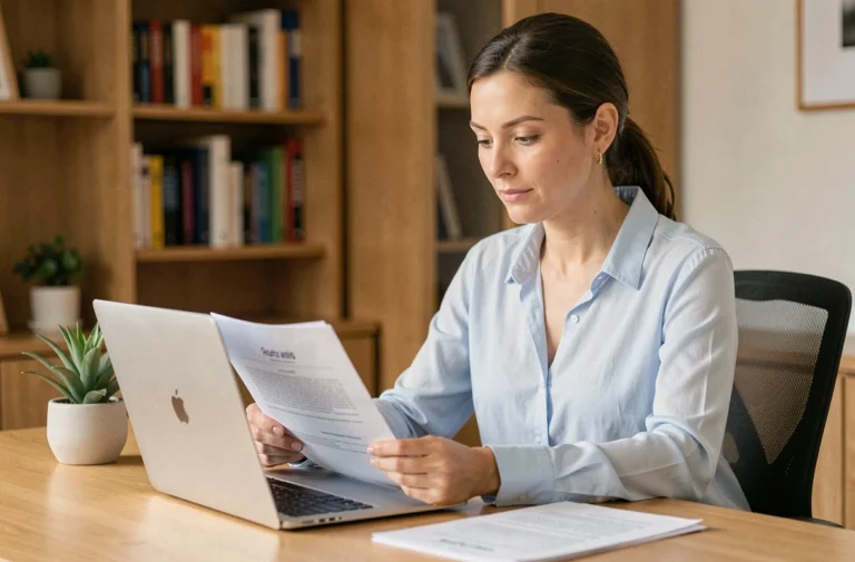 Femme consultant sa mutuelle santé 2026 sur un ordinateur portable à domicile, avec des documents d'assurance sur son bureau