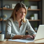 Femme d'âge moyen vérifiant son relevé bancaire à domicile