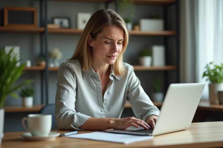 Femme d'âge moyen vérifiant son relevé bancaire à domicile