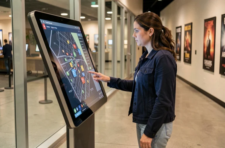 Femme consultant le plan du site Cinéma Capitole sur une borne numérique interactive dans le hall d'un cinéma moderne