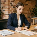 Femme professionnelle en blazer marine prenant des notes sur des supports de formation dans un espace de coworking moderne