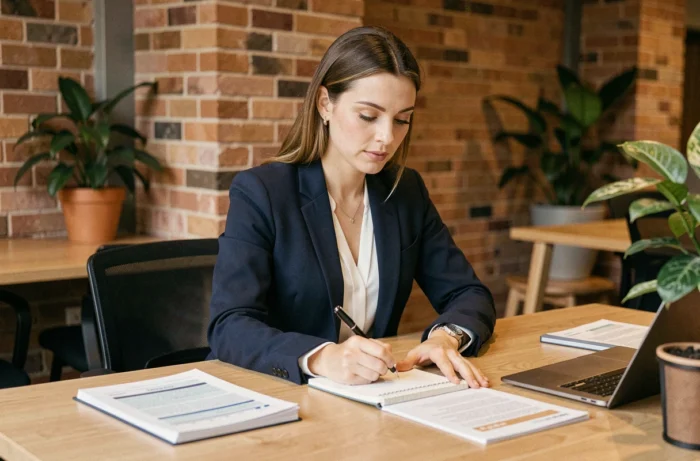 Femme professionnelle en blazer marine prenant des notes sur des supports de formation dans un espace de coworking moderne