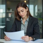 Femme en costume examinant son CV dans un bureau moderne