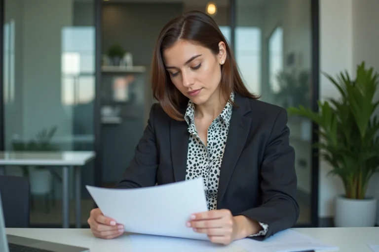 Femme en costume examinant son CV dans un bureau moderne