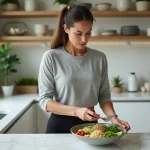 Femme préparant un repas sain et équilibré dans une cuisine moderne avec des légumes frais et des super-aliments
