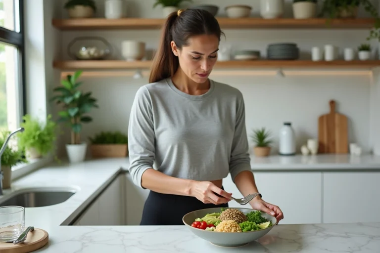 Femme préparant un repas sain et équilibré dans une cuisine moderne avec des légumes frais et des super-aliments