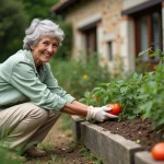 Femme retraitée souriante qui jardine dans son potager en plein air, profitant de sa retraite active à la campagne