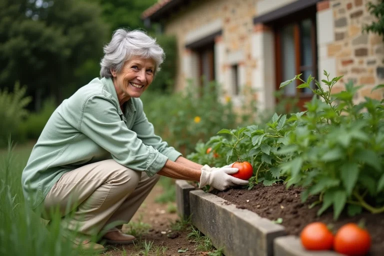 Femme retraitée souriante qui jardine dans son potager en plein air, profitant de sa retraite active à la campagne