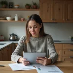 Femme en tenue décontractée consulte ses finances à la maison