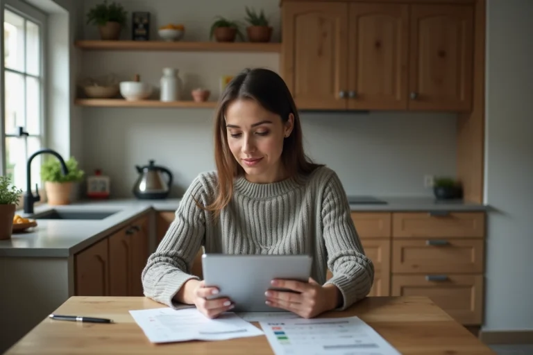 Femme en tenue décontractée consulte ses finances à la maison