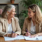 Femme senior souriante avec sa fille dans un salon lumineux