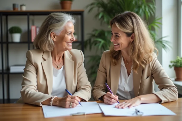 Femme senior souriante avec sa fille dans un salon lumineux