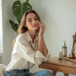 Femme appliquant un rouleau de jade sur le visage