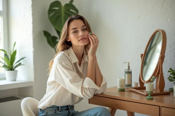 Femme appliquant un rouleau de jade sur le visage