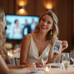 Femme souriante en robe pastel lors d'une reception de mariage