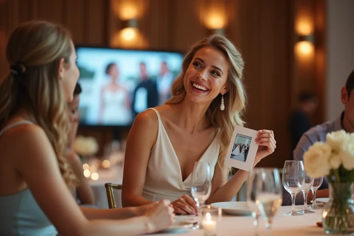 Femme souriante en robe pastel lors d'une reception de mariage