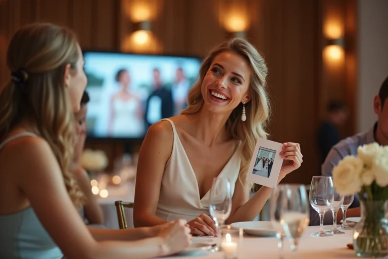 Femme souriante en robe pastel lors d'une reception de mariage