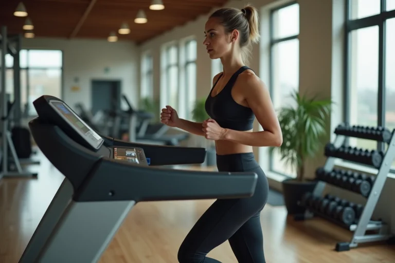 Femme sportive courant sur un tapis de course intérieur