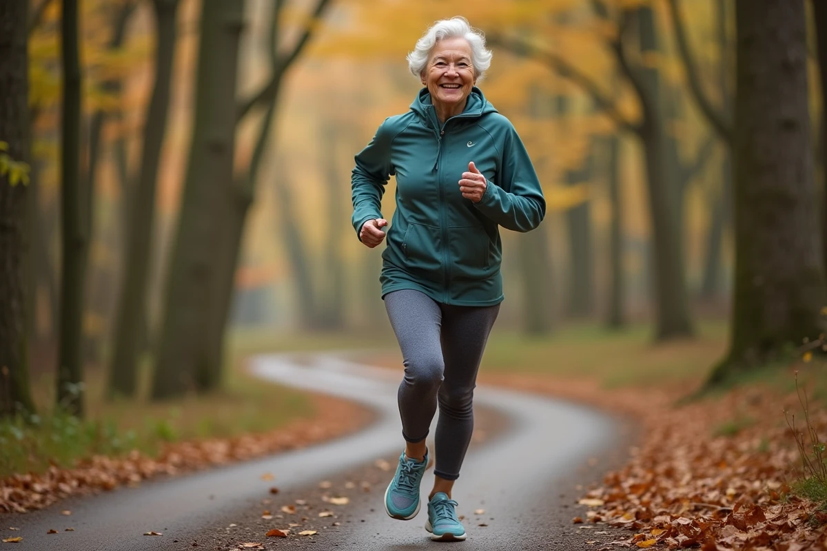 Femme âgée courant dans une forêt en pleine nature