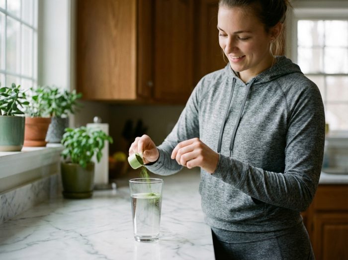 Jeune femme sportive versant poudre verte dans un verre d'eau
