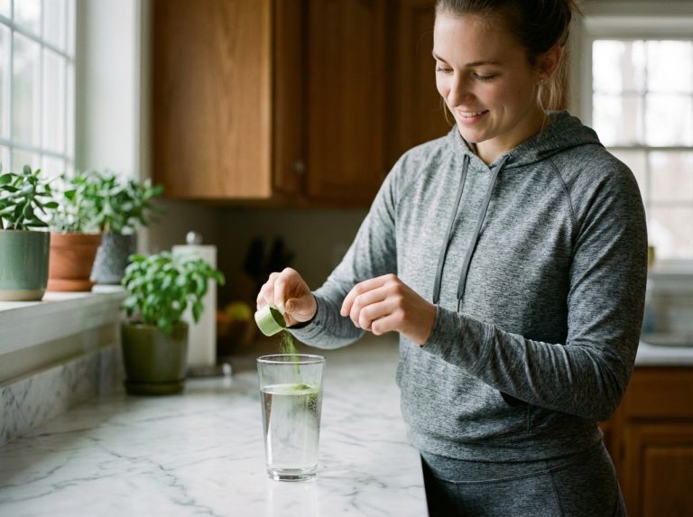 Jeune femme sportive versant poudre verte dans un verre d'eau