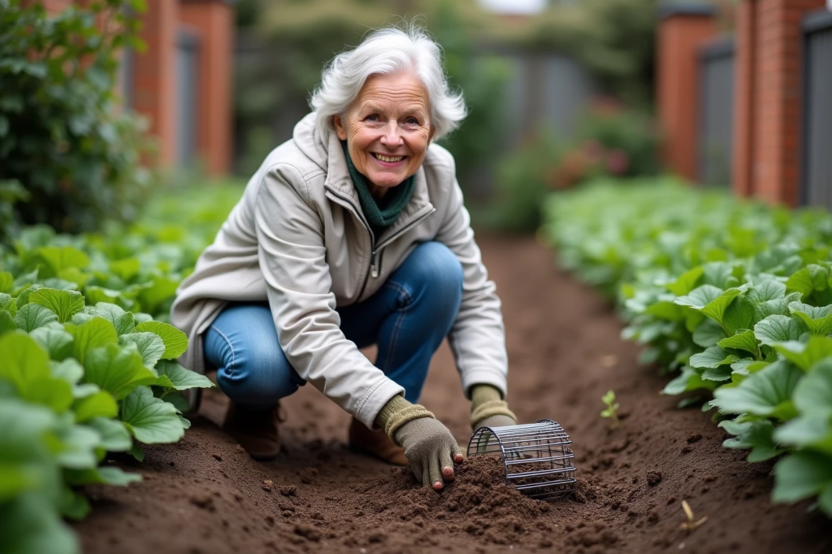 Femme âgée posant une cage à taupe dans son potager urbain
